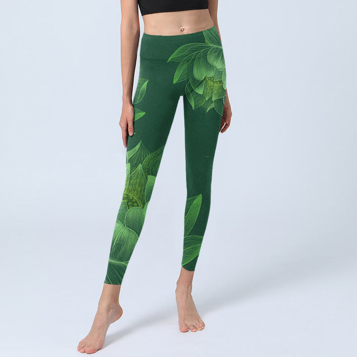 Leggings de fitness en tissu lycra imprimé fleur de lotus vert foncé Buddha Stones Pantalon de yoga pour femme - image 6