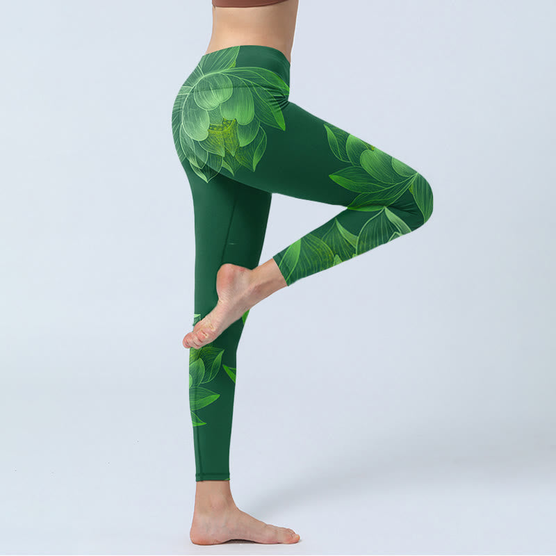 Leggings de fitness en tissu lycra imprimé fleur de lotus vert foncé Buddha Stones Pantalon de yoga pour femme - image 5