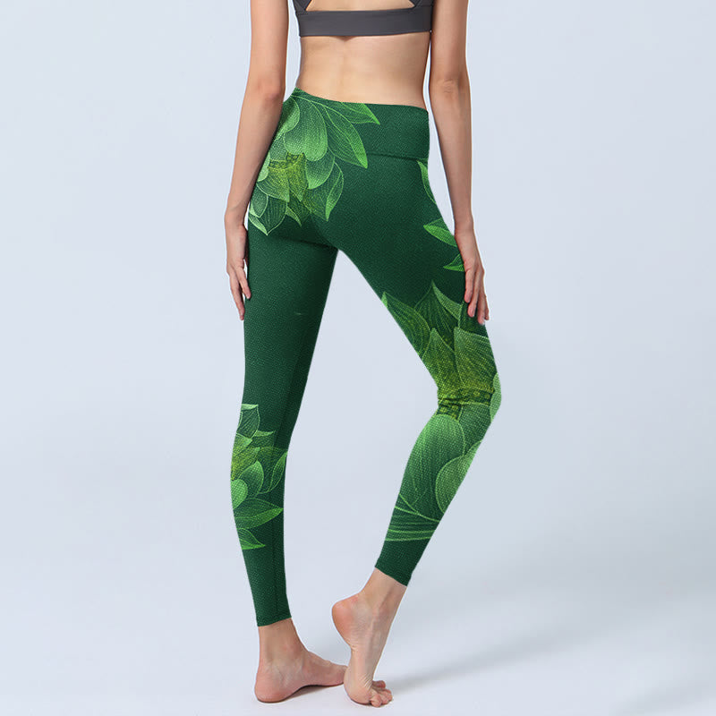 Leggings de fitness en tissu lycra imprimé fleur de lotus vert foncé Buddha Stones Pantalon de yoga pour femme - image 5
