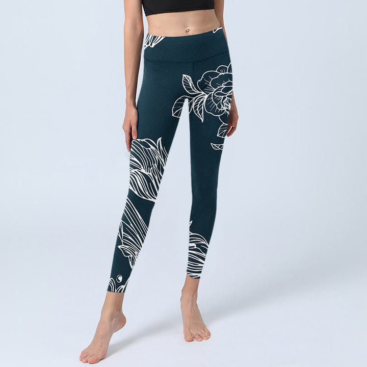 Leggings de fitness en tissu lycra imprimé Buddha Stones Pivoine Epiphyllum Fleurs Pantalons de yoga pour femmes - image 7