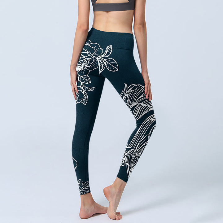 Leggings de fitness en tissu lycra imprimé Buddha Stones Pivoine Epiphyllum Fleurs Pantalons de yoga pour femmes - image 6