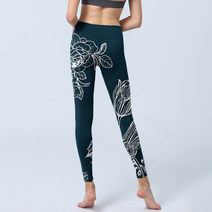 Leggings de fitness en tissu lycra imprimé Buddha Stones Pivoine Epiphyllum Fleurs Pantalons de yoga pour femmes - image 7