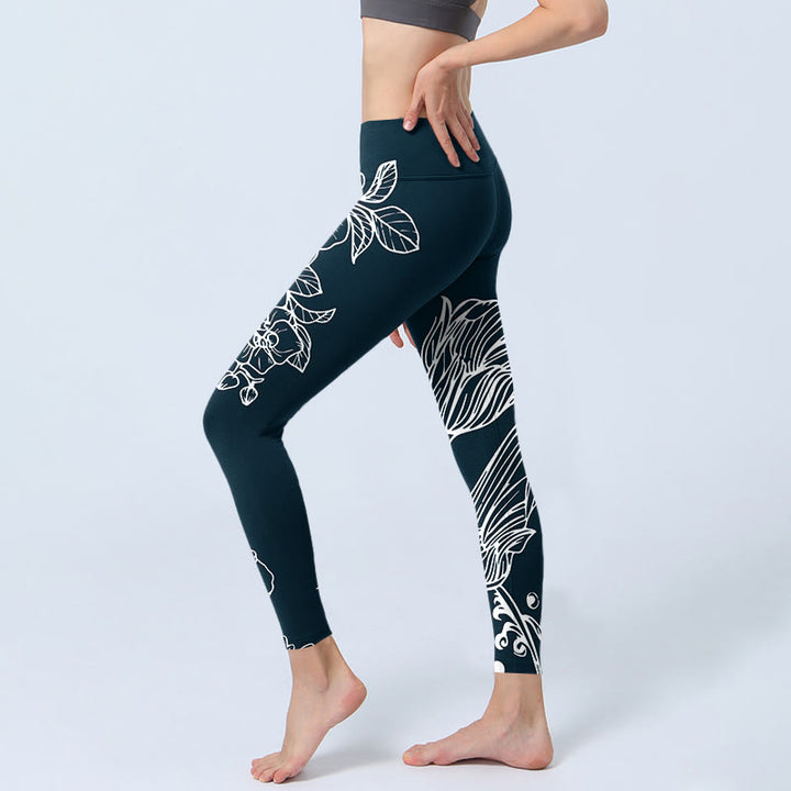 Leggings de fitness en tissu lycra imprimé Buddha Stones Pivoine Epiphyllum Fleurs Pantalons de yoga pour femmes - image 3