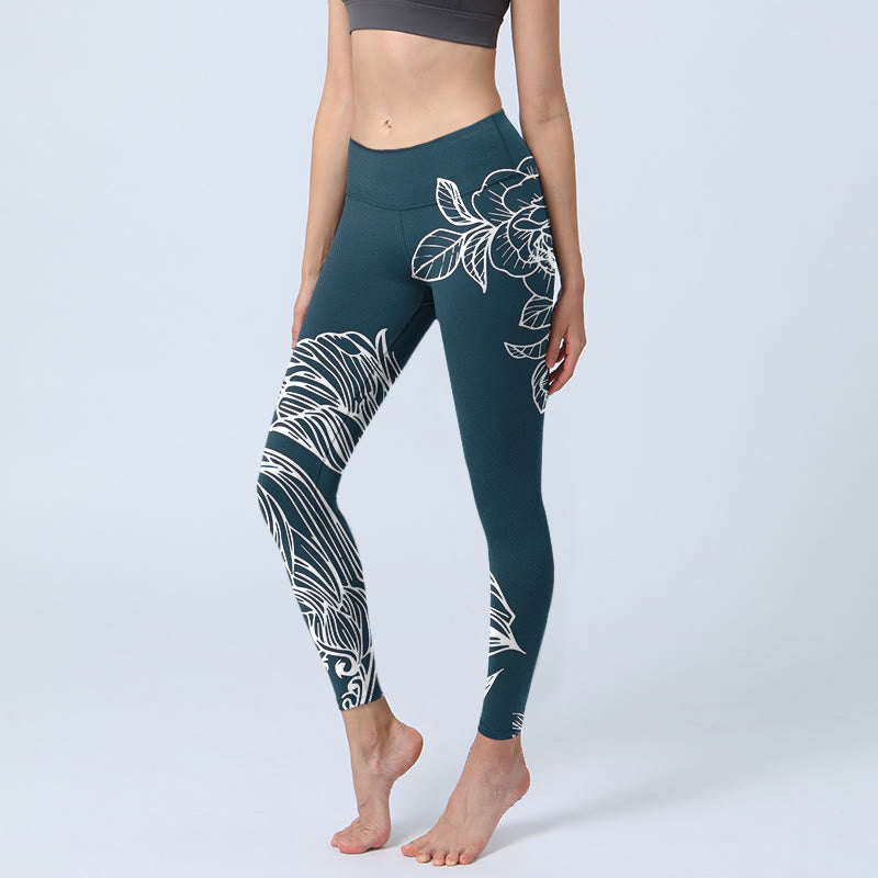 Leggings de fitness en tissu lycra imprimé Buddha Stones Pivoine Epiphyllum Fleurs Pantalons de yoga pour femmes - Bleu acier - US18，UK/AU22，EU50 (4XL) - image 1