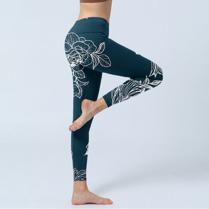 Leggings de fitness en tissu lycra imprimé Buddha Stones Pivoine Epiphyllum Fleurs Pantalons de yoga pour femmes - image 4