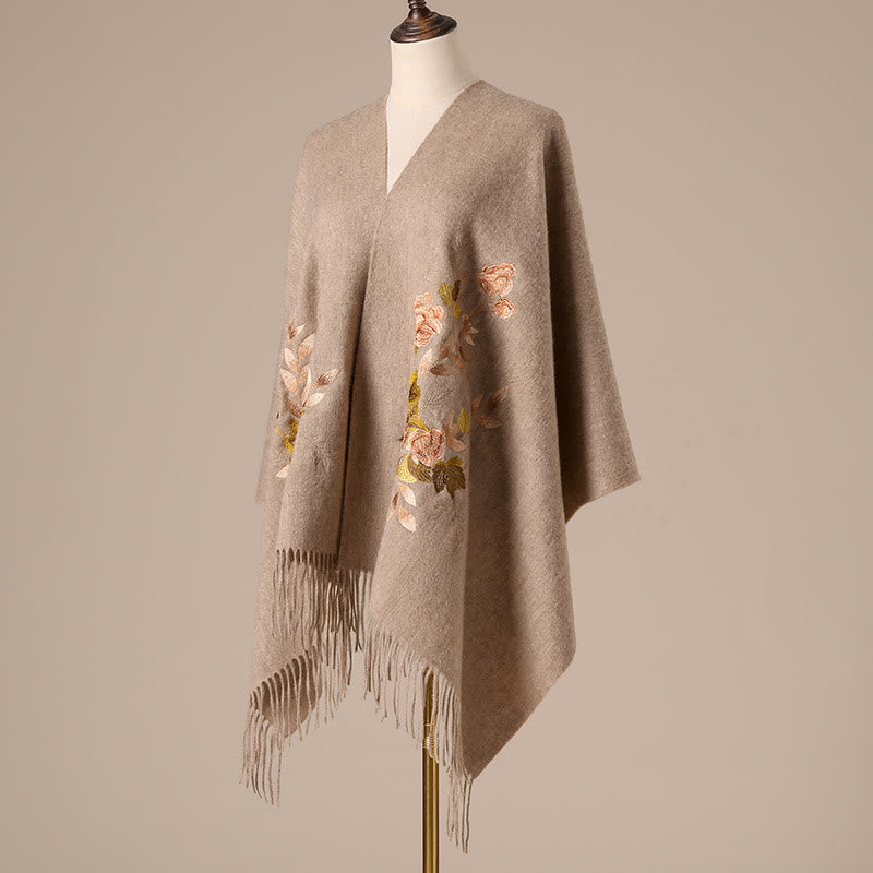 Châle en laine avec Buddha Stones, fleurs blanches et roses, feuilles dorées, broderie à pompon, écharpe de voyage confortable pour l'hiver