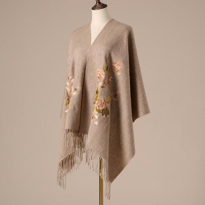 Châle en laine avec Buddha Stones, fleurs blanches et roses, feuilles dorées, broderie à pompon, écharpe de voyage confortable pour l'hiver