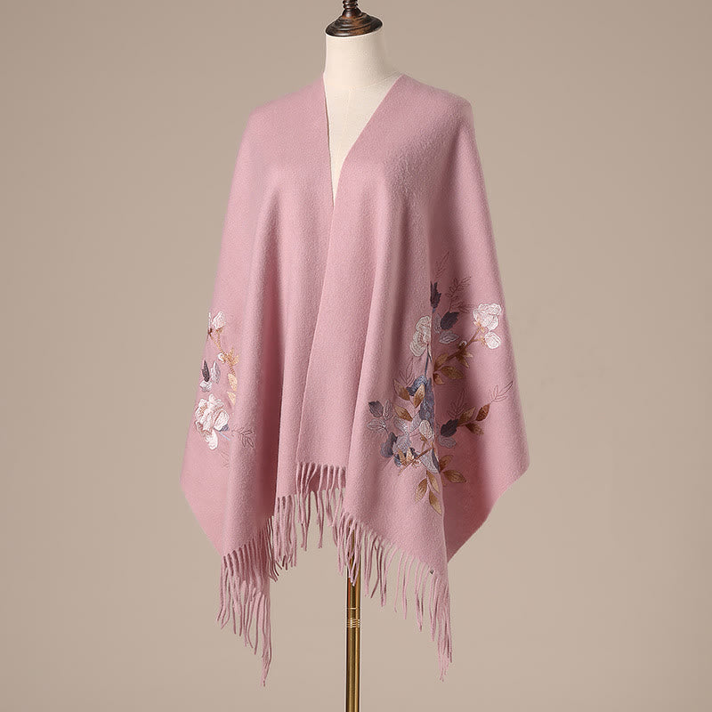 Châle en laine avec Buddha Stones, fleurs blanches et roses, feuilles dorées, broderie à pompon, écharpe de voyage confortable pour l'hiver - image 10