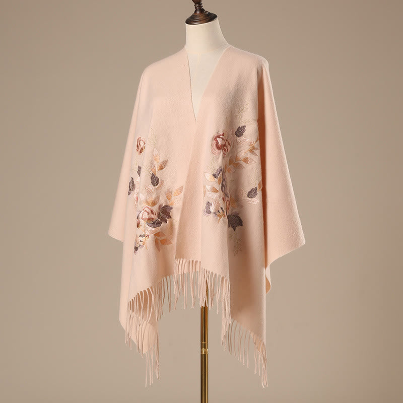 Châle en laine avec Buddha Stones, fleurs blanches et roses, feuilles dorées, broderie à pompon, écharpe de voyage confortable pour l'hiver - image 1