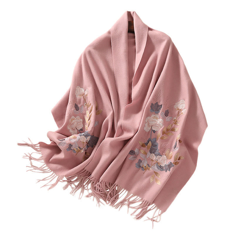 Châle en laine avec Buddha Stones, fleurs blanches et roses, feuilles dorées, broderie à pompon, écharpe de voyage confortable pour l'hiver - image 13