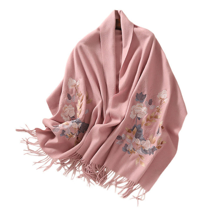 Châle en laine avec Buddha Stones, fleurs blanches et roses, feuilles dorées, broderie à pompon, écharpe de voyage confortable pour l'hiver - image 13