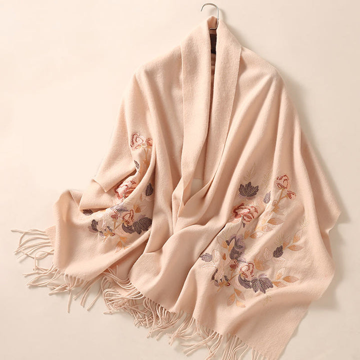 Châle en laine avec Buddha Stones, fleurs blanches et roses, feuilles dorées, broderie à pompon, écharpe de voyage confortable pour l'hiver - image 2
