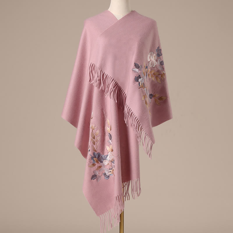 Châle en laine avec Buddha Stones, fleurs blanches et roses, feuilles dorées, broderie à pompon, écharpe de voyage confortable pour l'hiver