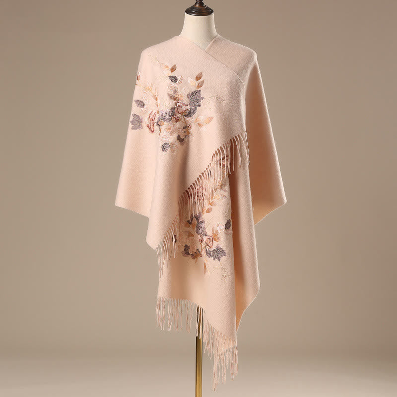 Châle en laine avec Buddha Stones, fleurs blanches et roses, feuilles dorées, broderie à pompon, écharpe de voyage confortable pour l'hiver - PeachPuff - 200 x 60 cm - image 0