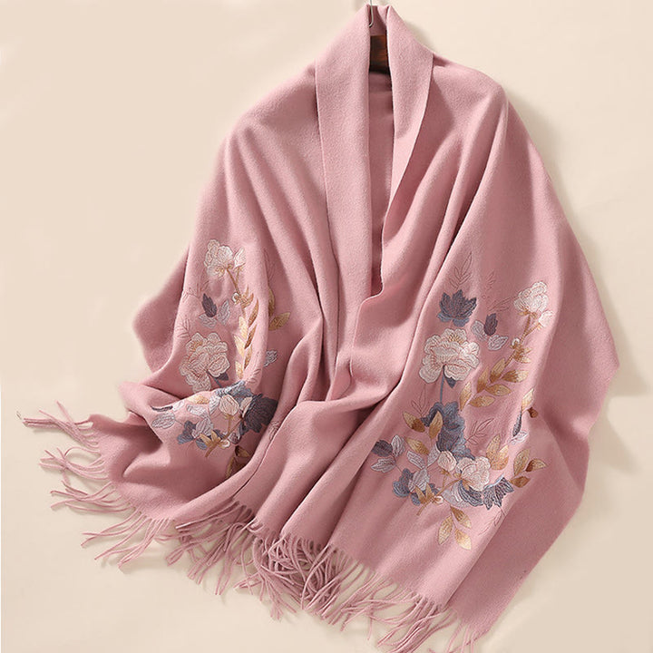 Châle en laine avec Buddha Stones, fleurs blanches et roses, feuilles dorées, broderie à pompon, écharpe de voyage confortable pour l'hiver - image 12