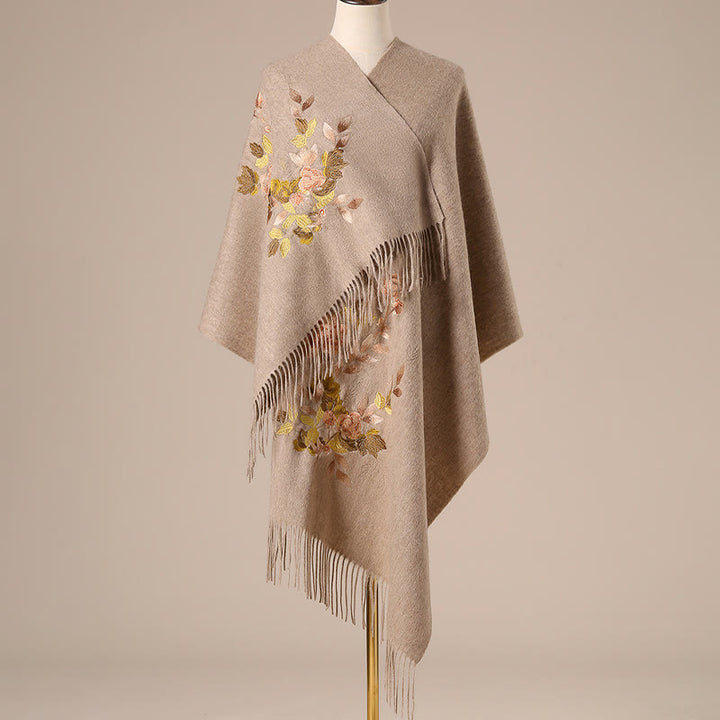 Châle en laine avec Buddha Stones, fleurs blanches et roses, feuilles dorées, broderie à pompon, écharpe de voyage confortable pour l'hiver