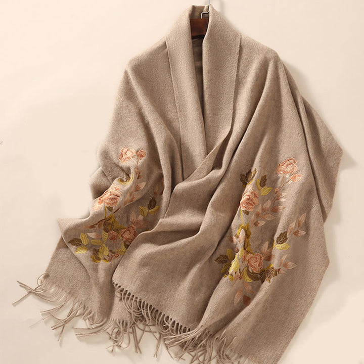 Châle en laine avec Buddha Stones, fleurs blanches et roses, feuilles dorées, broderie à pompon, écharpe de voyage confortable pour l'hiver - image 8