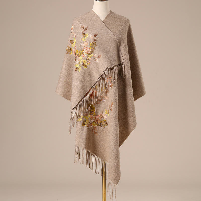 Châle en laine avec Buddha Stones, fleurs blanches et roses, feuilles dorées, broderie à pompon, écharpe de voyage confortable pour l'hiver - Tanné - 200 x 60 cm - image 3