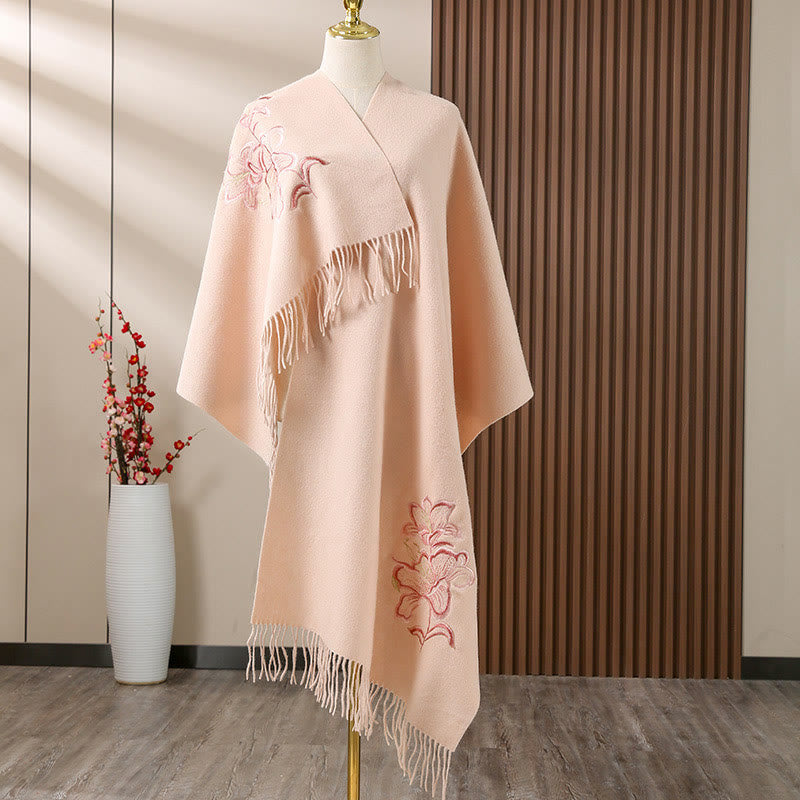 Châle en laine avec Buddha Stones et pompon brodé de lys, écharpe de voyage confortable pour l'hiver - PeachPuff - 200 x 60 cm - image 2