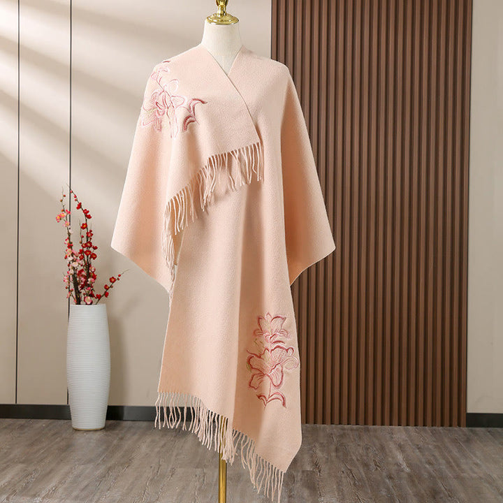 Châle en laine avec Buddha Stones et pompon brodé de lys, écharpe de voyage confortable pour l'hiver - PeachPuff - 200 x 60 cm - image 2