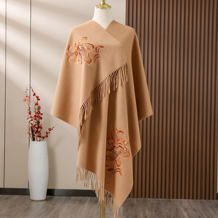 Châle en laine avec Buddha Stones et pompon brodé de lys, écharpe de voyage confortable pour l'hiver - BurlyWood - 200 x 60 cm - image 0