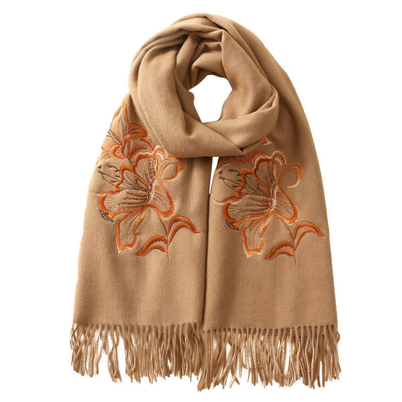 Châle en laine avec Buddha Stones et pompon brodé de lys, écharpe de voyage confortable pour l'hiver - image 1