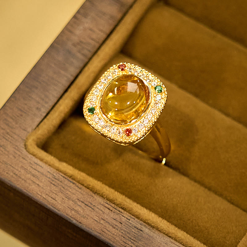 Bague de confiance en diamant avec support carré en forme de fleur d'ambre naturelle de Buddha Stones