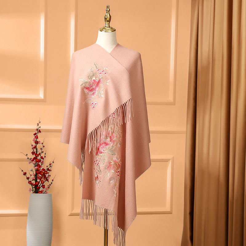 Châle en laine avec Buddha Stones et fleurs rouges, broderie de feuilles, pompon, écharpe de voyage confortable pour l'hiver - Rose - 200 x 60 cm - image 0