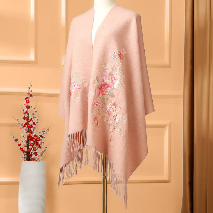 Châle en laine avec Buddha Stones et fleurs rouges, broderie de feuilles, pompon, écharpe de voyage confortable pour l'hiver - image 1