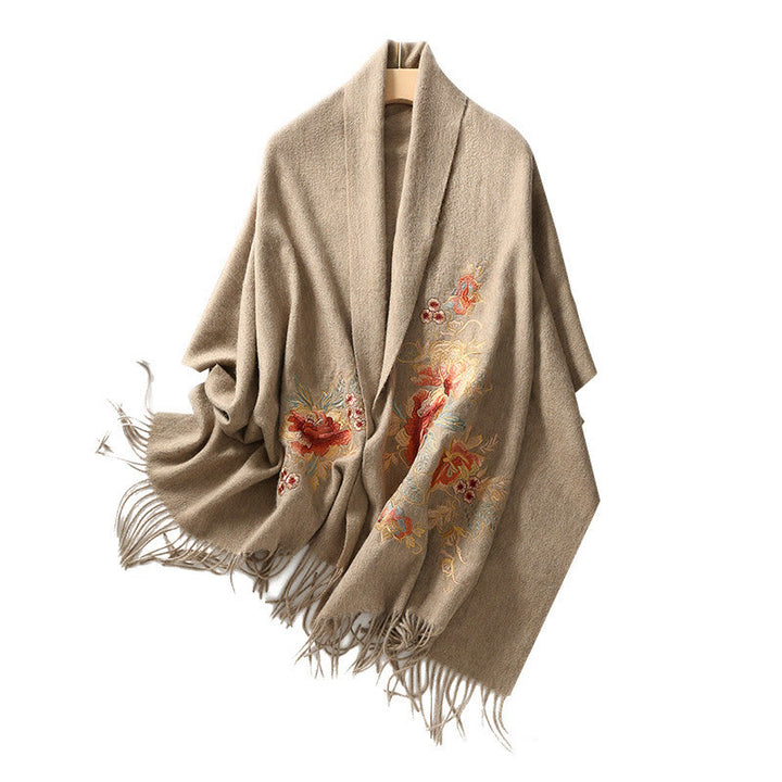 Châle en laine avec Buddha Stones et fleurs rouges, broderie de feuilles, pompon, écharpe de voyage confortable pour l'hiver - image 10