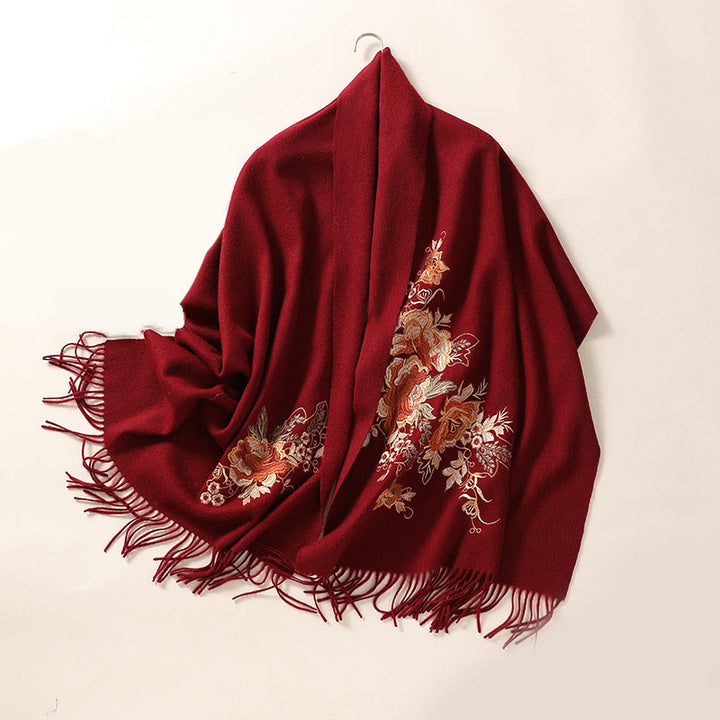 Châle en laine avec Buddha Stones et fleurs rouges, broderie de feuilles, pompon, écharpe de voyage confortable pour l'hiver - FireBrick - 200 x 60 cm - image 12