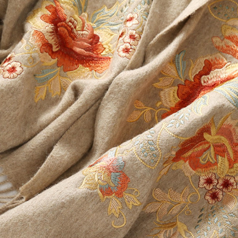 Châle en laine avec Buddha Stones et fleurs rouges, broderie de feuilles, pompon, écharpe de voyage confortable pour l'hiver