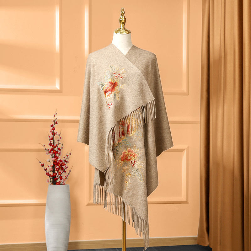 Châle en laine avec Buddha Stones et fleurs rouges, broderie de feuilles, pompon, écharpe de voyage confortable pour l'hiver - Tanné - 200 x 60 cm - image 6