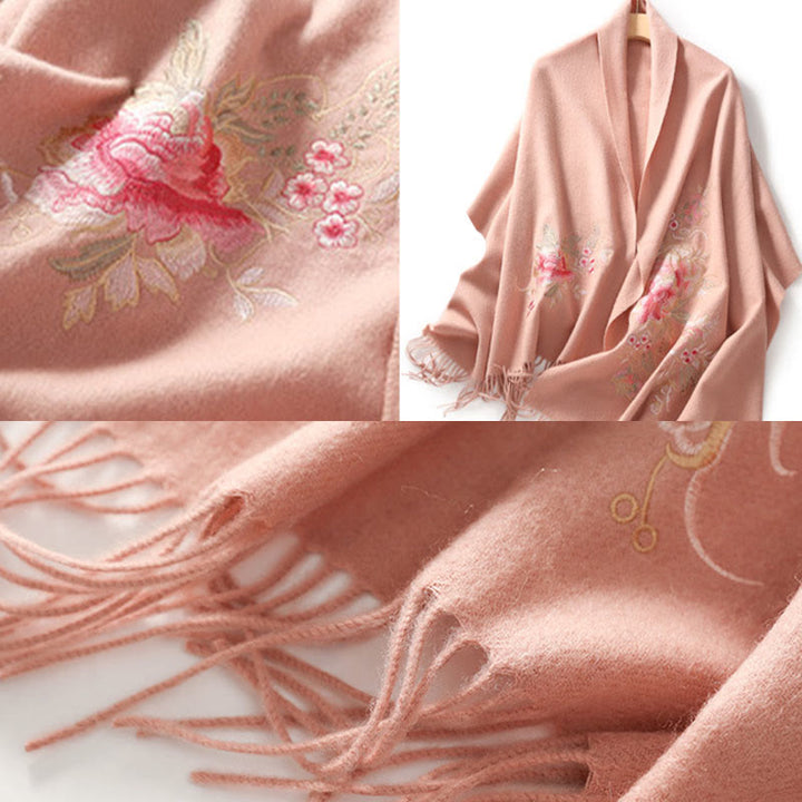 Châle en laine avec Buddha Stones et fleurs rouges, broderie de feuilles, pompon, écharpe de voyage confortable pour l'hiver - image 5