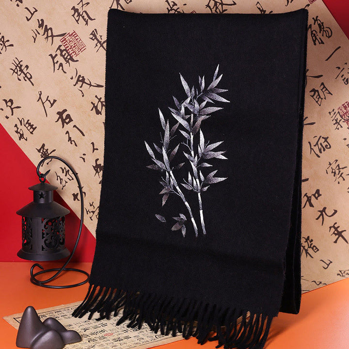 Châle en laine avec Buddha Stones et broderie de feuilles de bambou et pompon pour l'hiver - 180*37cm - image 0