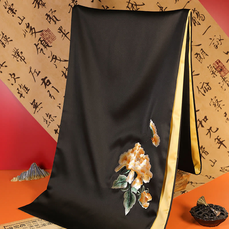 Châle en polyester avec Buddha Stones, papillon Yulan, bambou, pie, broderie Suzhou, écharpe de voyage confortable pour l'hiver - Pivoine noire 183*32cm - image 14