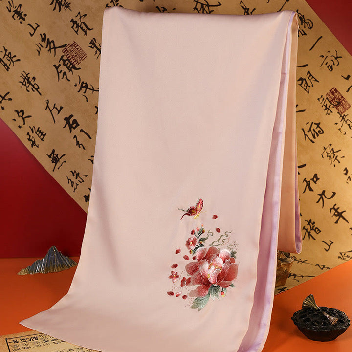 Châle en polyester avec Buddha Stones, papillon Yulan, bambou, pie, broderie Suzhou, écharpe de voyage confortable pour l'hiver - Pivoine papillon MistyRose 183*32cm - image 12