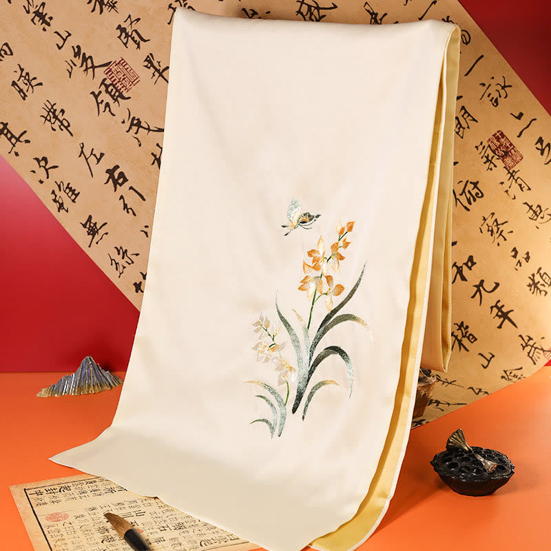 Châle en polyester avec Buddha Stones, papillon Yulan, bambou, pie, broderie Suzhou, écharpe de voyage confortable pour l'hiver - PapayaWhip Yulan Butterfly 183*32cm - image 7