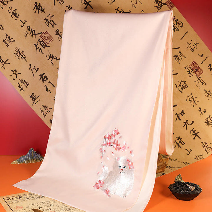 Châle en polyester avec Buddha Stones, papillon Yulan, bambou, pie, broderie Suzhou, écharpe de voyage confortable pour l'hiver - Chat MistyRose Fleur de cerisier 183*32cm - image 10