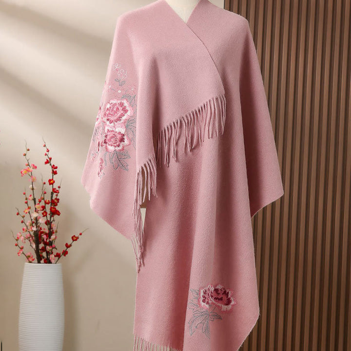Châle en laine avec Buddha Stones et broderie de pivoine rouge, écharpe de voyage confortable pour l'hiver - Rose clair - 200 x 60 cm - image 4