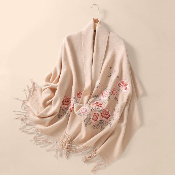 Châle en laine avec Buddha Stones et broderie de pivoine rouge, écharpe de voyage confortable pour l'hiver - image 11