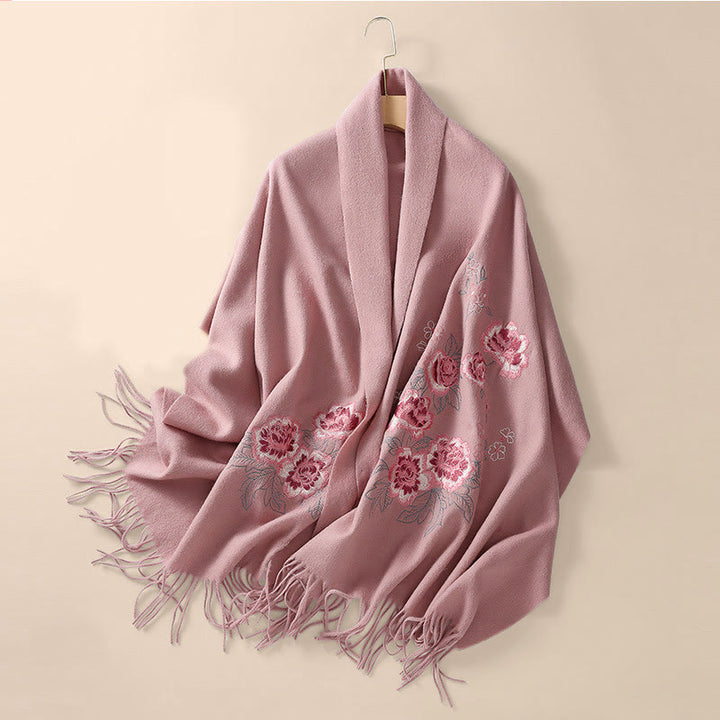 Châle en laine avec Buddha Stones et broderie de pivoine rouge, écharpe de voyage confortable pour l'hiver - image 8