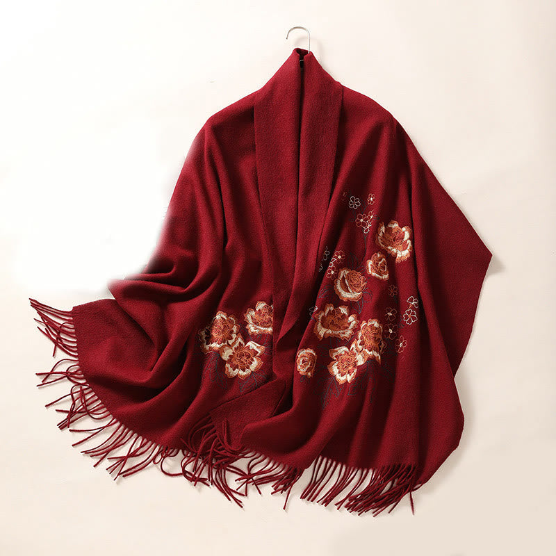 Châle en laine avec Buddha Stones et broderie de pivoine rouge, écharpe de voyage confortable pour l'hiver - FireBrick - 200 x 60 cm - image 12