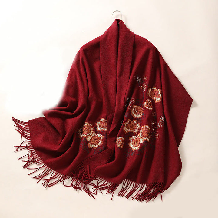 Châle en laine avec Buddha Stones et broderie de pivoine rouge, écharpe de voyage confortable pour l'hiver - FireBrick - 200 x 60 cm - image 12