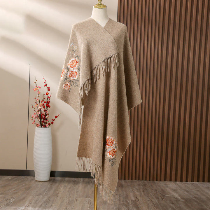 Châle en laine avec Buddha Stones et broderie de pivoine rouge, écharpe de voyage confortable pour l'hiver - Tanné - 200 x 60 cm - image 0
