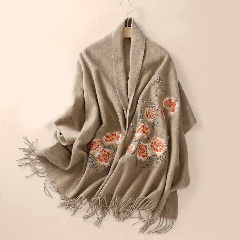 Châle en laine avec Buddha Stones et broderie de pivoine rouge, écharpe de voyage confortable pour l'hiver - image 3