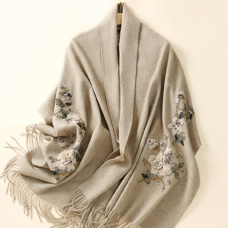 Châle en laine avec Buddha Stones , broderie de fleurs blanches et oranges, pompon, écharpe de voyage confortable pour l'hiver