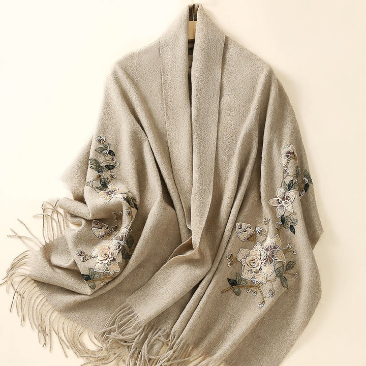 Châle en laine avec Buddha Stones , broderie de fleurs blanches et oranges, pompon, écharpe de voyage confortable pour l'hiver