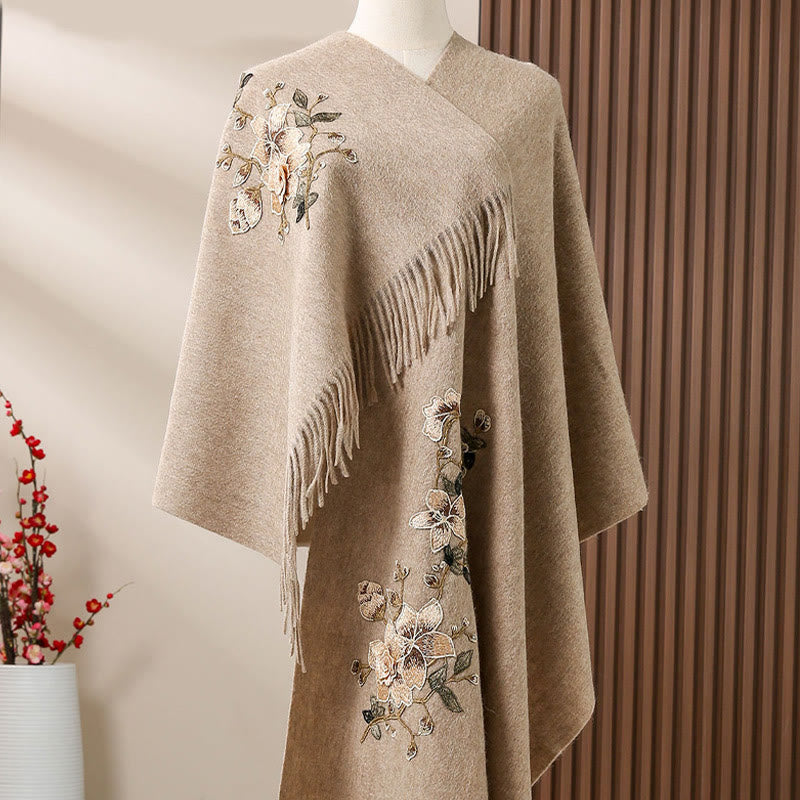 Châle en laine avec Buddha Stones , broderie de fleurs blanches et oranges, pompon, écharpe de voyage confortable pour l'hiver - Tanné - 200 x 60 cm - image 2