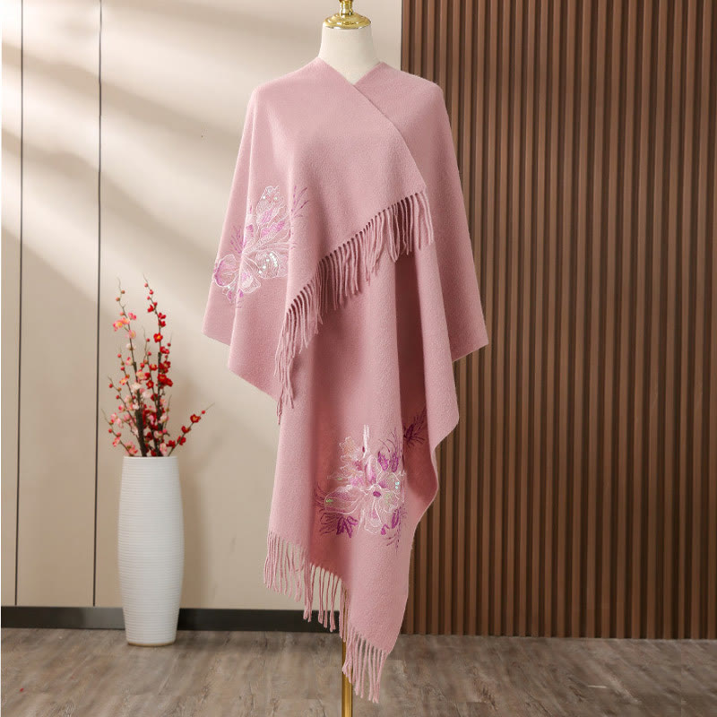 Châle en laine avec Buddha Stones et fleurs brodées à paillettes et pompons pour l'hiver - Rose clair - 200 x 60 cm - image 0